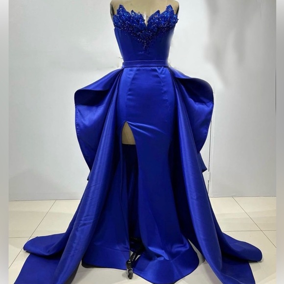 Royal Blue Mermaid Prom Dresses Sweetheart Backless High Side Split Evening Gown - Picture 3 of 8